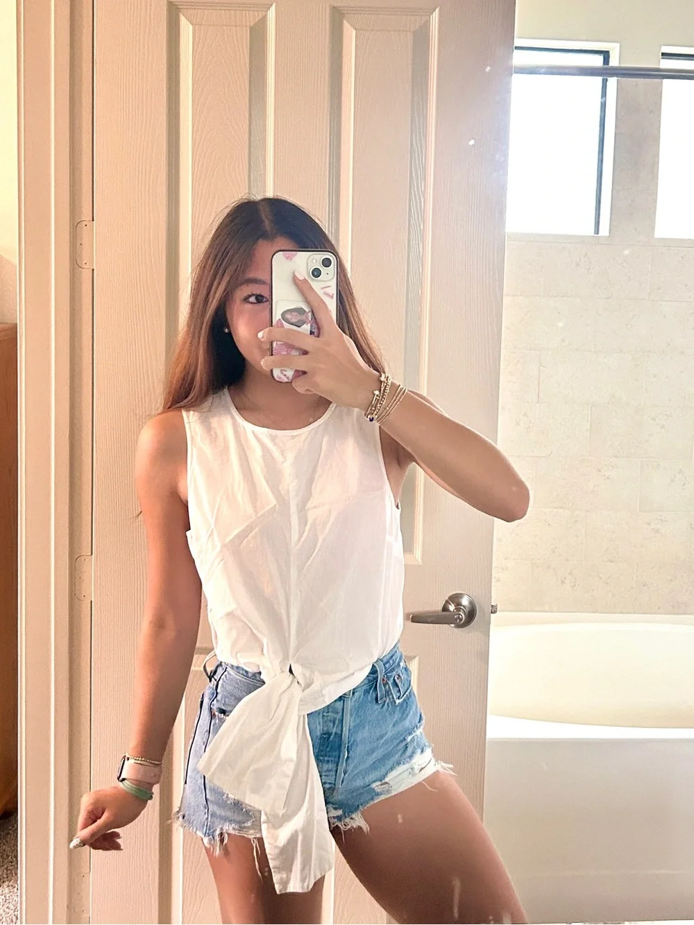 Anthropologie White Tank with Blue Floral Lace